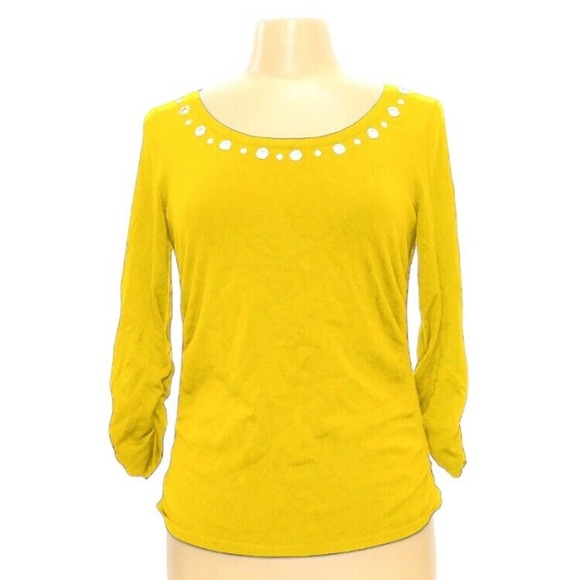 NY Collection Sz Large Women's Sweater Ruching Sleeves Sides Yellow Grommet Neck - Picture 1 of 11